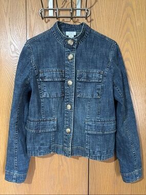 LOFT Dark Blue Denim Collarless Button Jean Jacket size 8